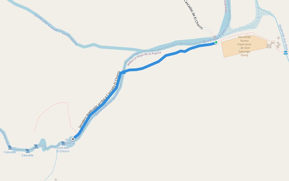 Sendero quebrada arriba a Cascada El Chorro walking route map in Comayagua