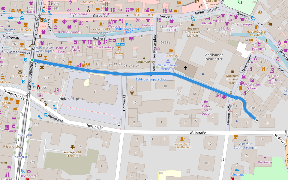 Adelhauser Straße walking route map in Freiburg im Breisgau