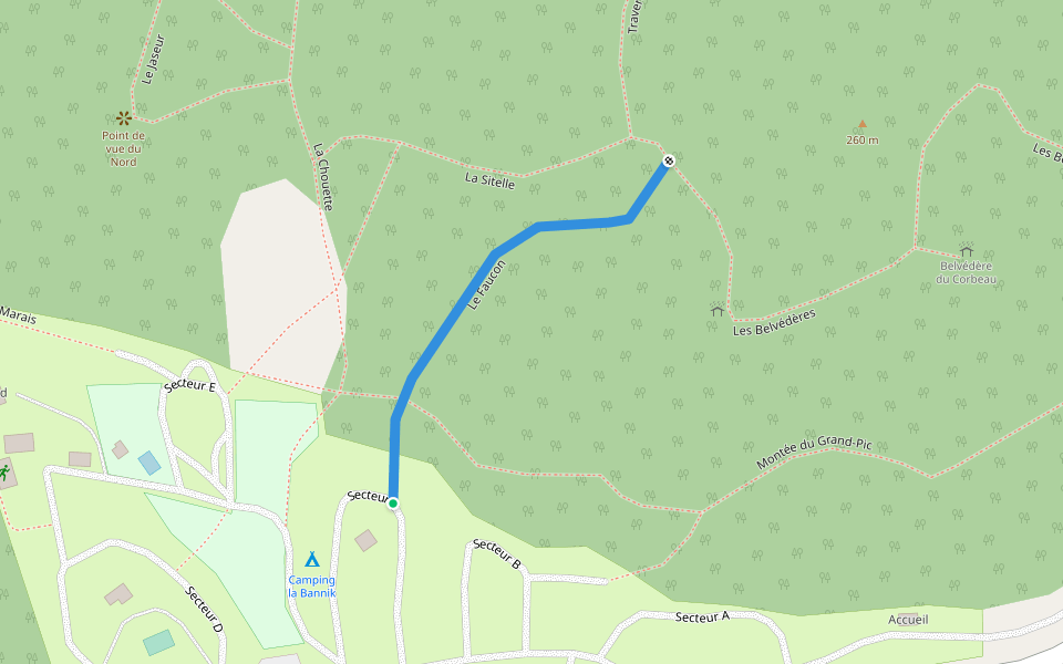 Le Faucon walking route map in Duhamel-Ouest