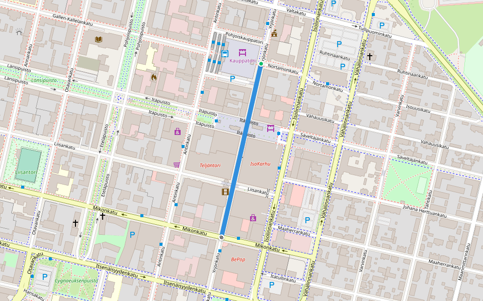 Yrjönkatu walking route map in Pori