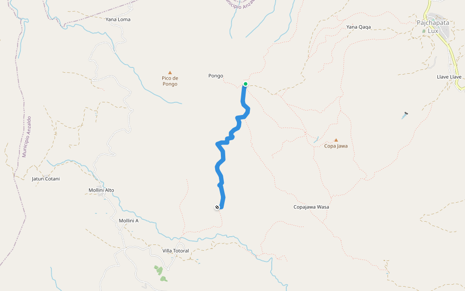 Senda Pongo Kasa-Villa Totoral walking route map in Cochabamba