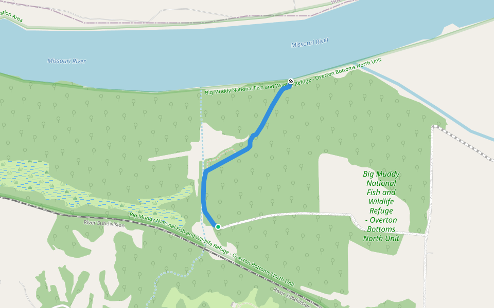 Levee Trail to Missouri River walking route map in Boonville