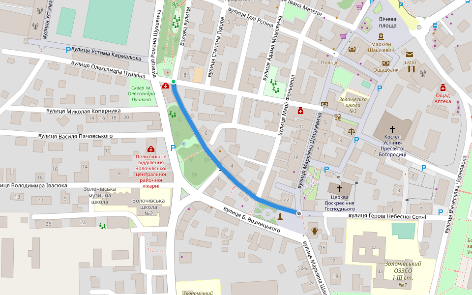 Валова вулиця walking route map in Zolochiv