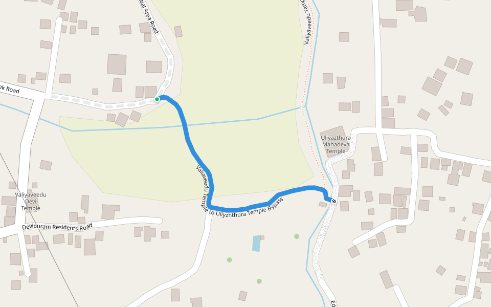Valiaveedu Temple to Uliyzhthura Temple Bypass walking route map in Uliyazhathura