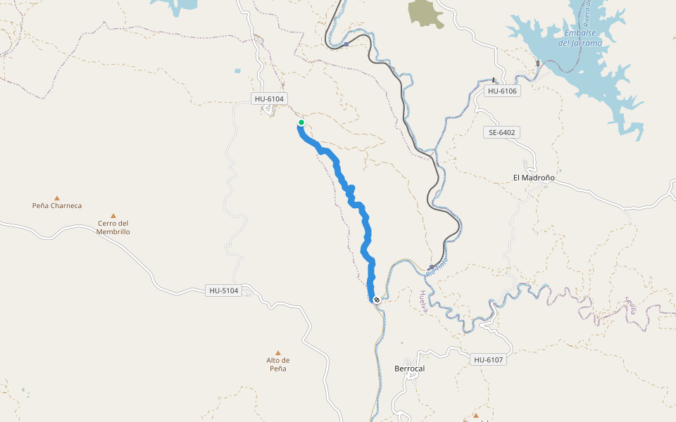Carril Aldea Las Delgadas a Via Verde del Río Tinto walking route map in El Campillo