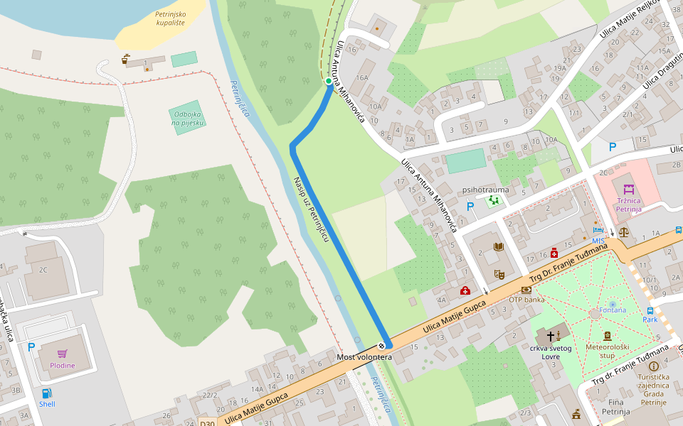 Nasip uz Petrinjčicu walking route map in Petrinja