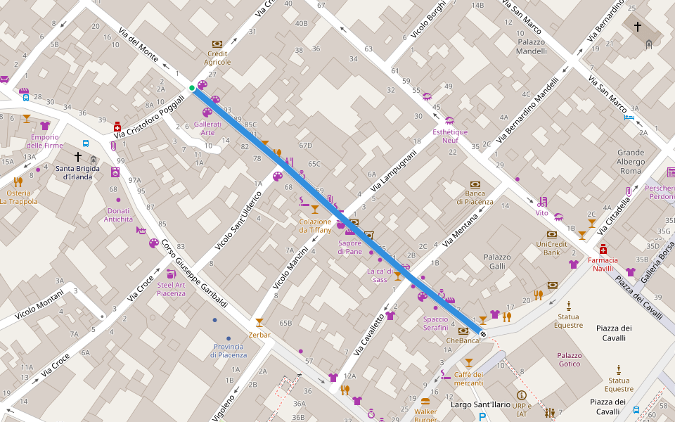 Via Calzolai walking route map in Piacenza
