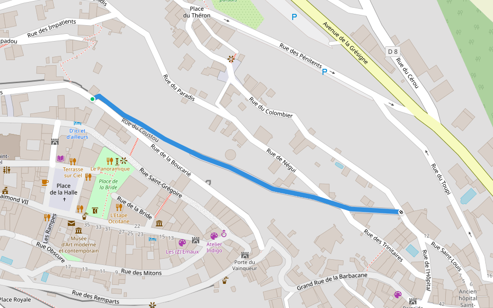 Rue du Coustou walking route map in Cordes-sur-Ciel