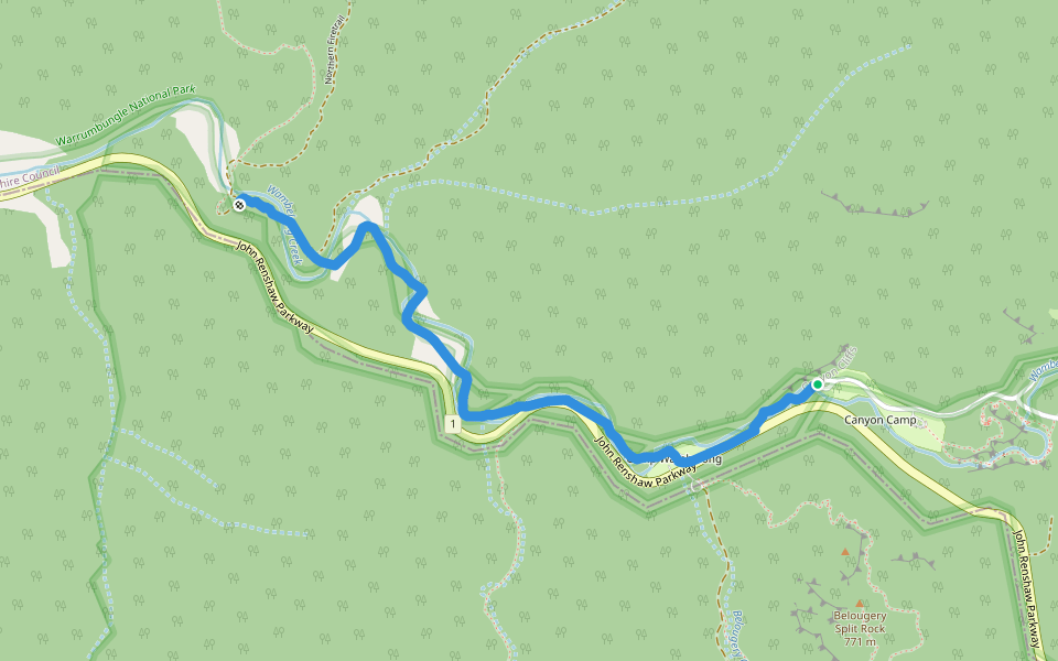 Old Woolshed to Canyon West Car park. walking route map in Warrumbungle