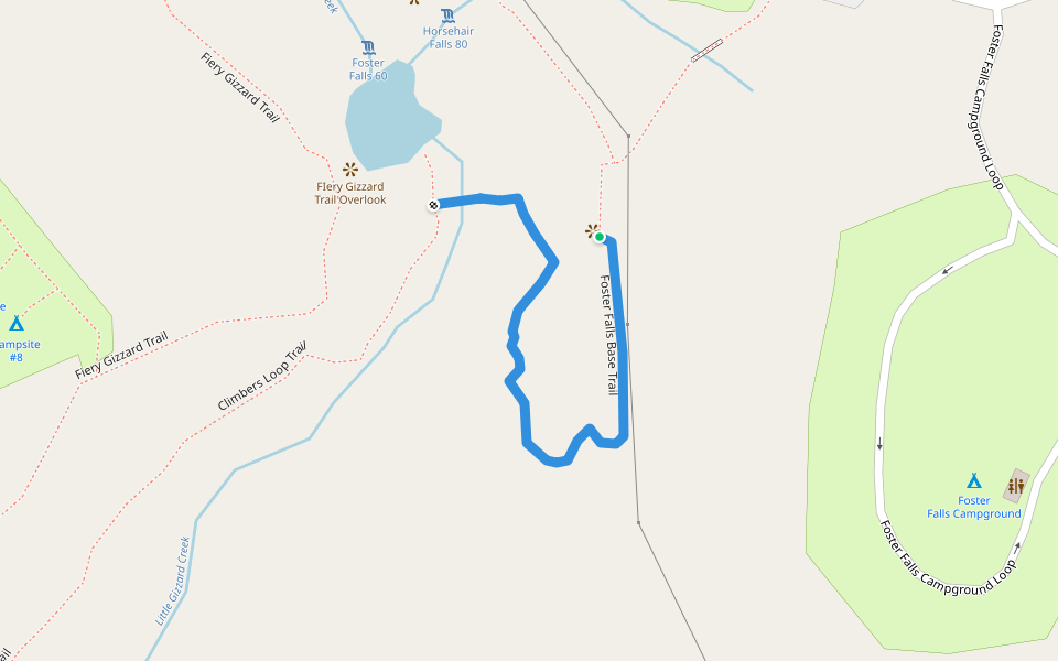 Foster Falls Base Trail walking route map in Sequatchie