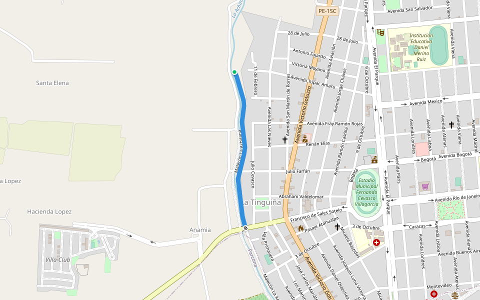 Malecón La Achirana walking route map in Paracas