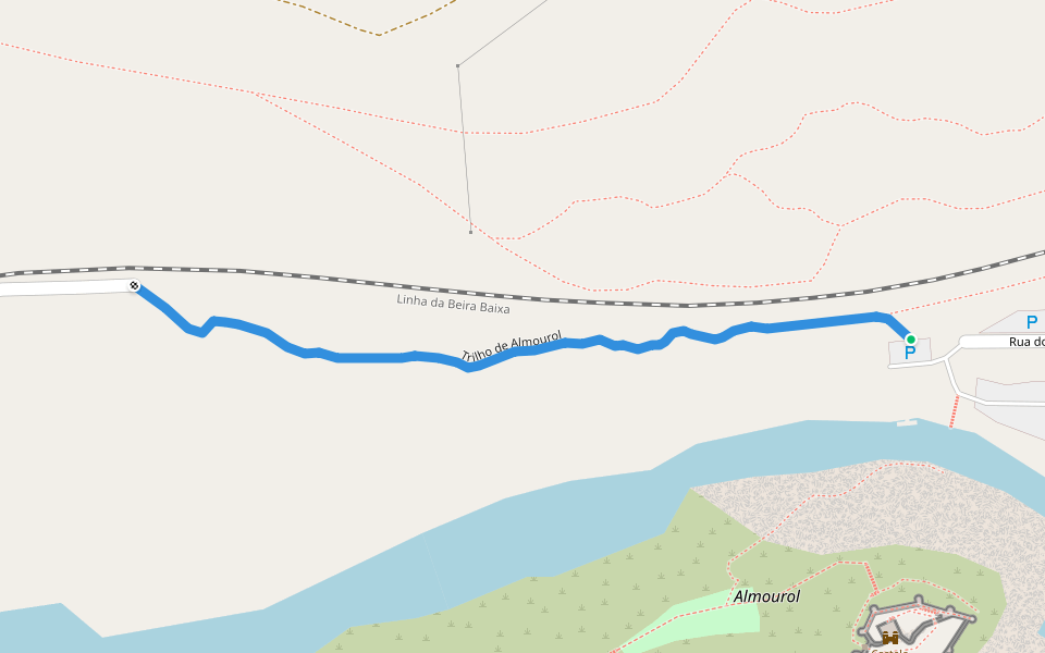 Trilho de Almourol walking route map in Praia do Ribatejo