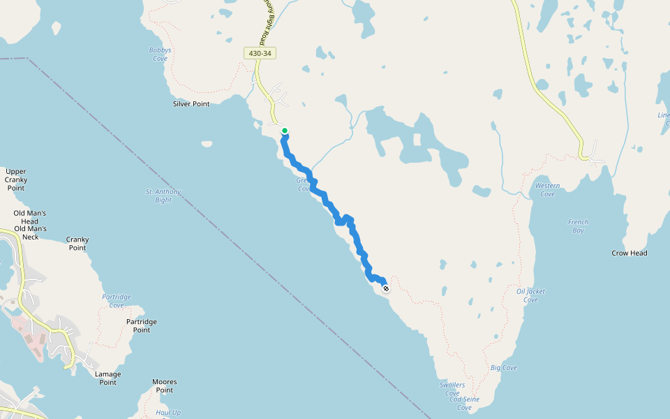 Unmarked path from st Anthany cape to St Carols walking route map in Saint Anthony
