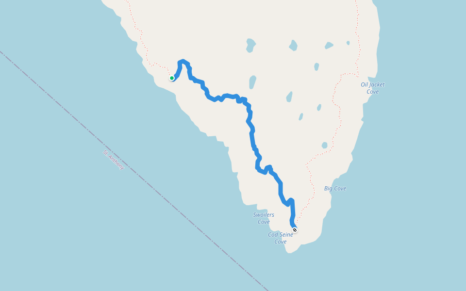 Unmarked path the full coast at St Anthony Caoe to St Carol's walking route map in Saint Anthony
