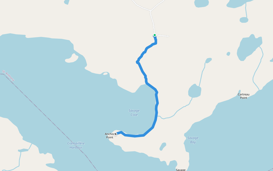 Unmarked Trail to Anchor Point in Saverge Cove bay walking route map in Saint Anthony