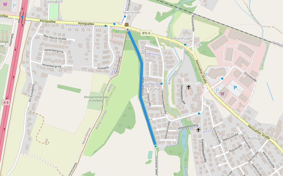 Grunauer Allee walking route map in Bayreuth