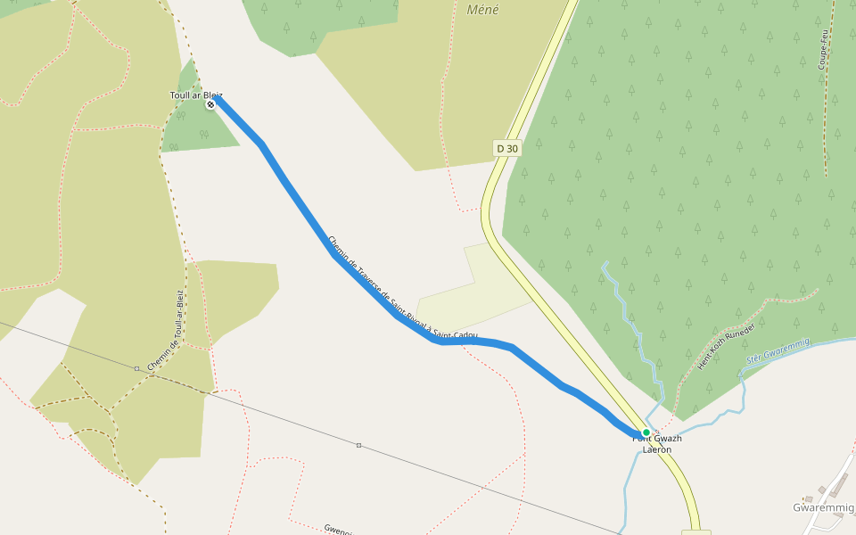 Chemin de Traverse de Saint-Rivoal à Saint-Cadou walking route map in Saint-Rivoal