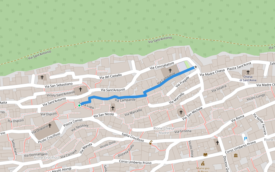 Via Campanile walking route map in Prizzi