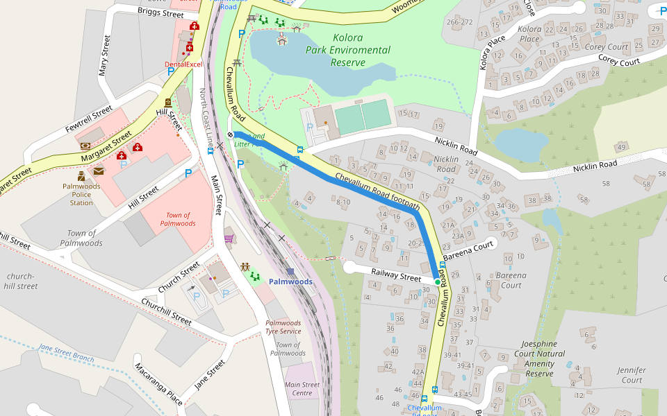Chevallum Road footpath walking route map in Palmwoods