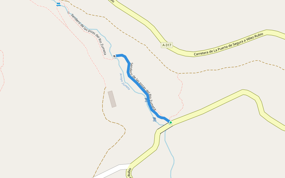 Sendero de las pozas del Rio Zumeta walking route map in Santiago de la Espada