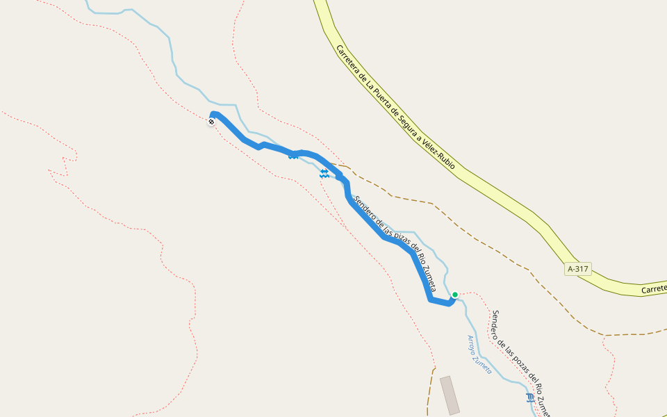 Sendero de las pizas del Rio Zumeta walking route map in Santiago de la Espada