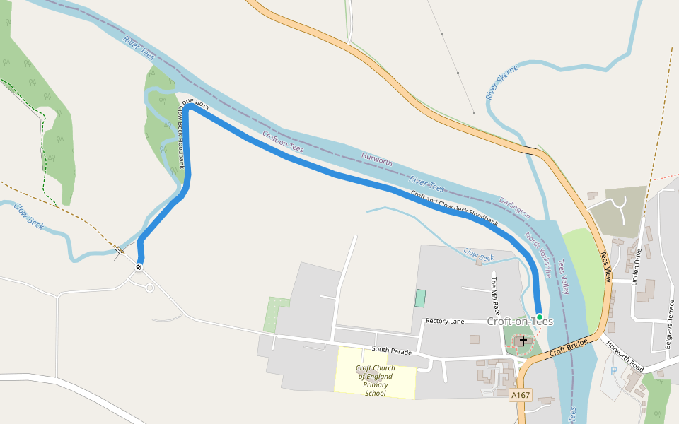 Croft and Clow Beck Floodbank walking route map in Croft-on-Tees