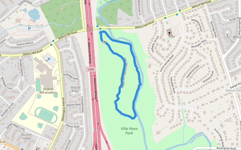 Milford Mill Gwynns Falls Trail walking route map in Pikesville