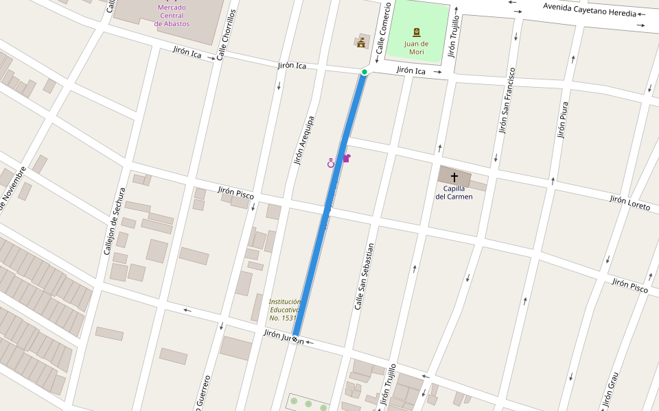 Calle Comercio walking route map in Catacaos