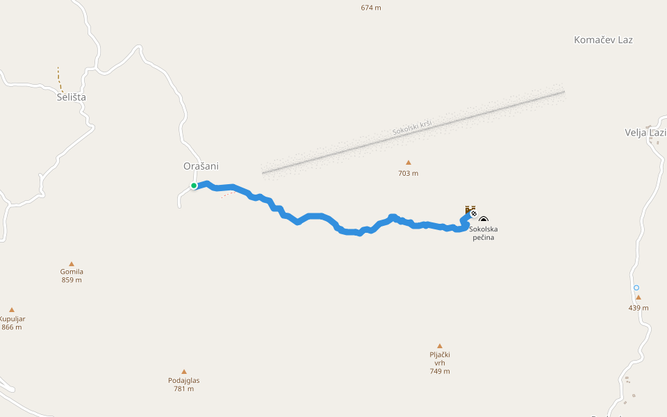 Path to Soko Grad walking route map in Kosijeri