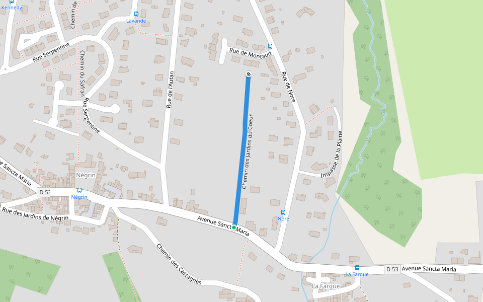 Chemin des Jardins du Coeur walking route map in Mazamet