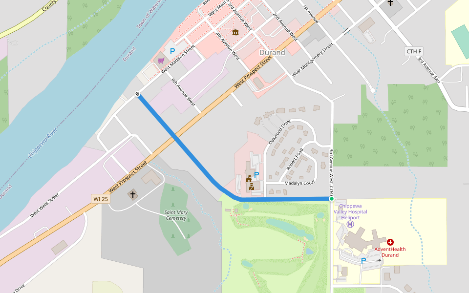 7th Avenue West walking route map in Durand