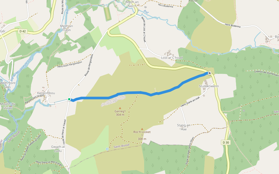 Kergombou_Stumenven par le Garreg walking route map in Saint-Rivoal