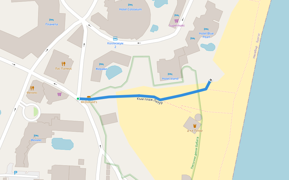 Към плаж Лазур walking route map in Nessebar