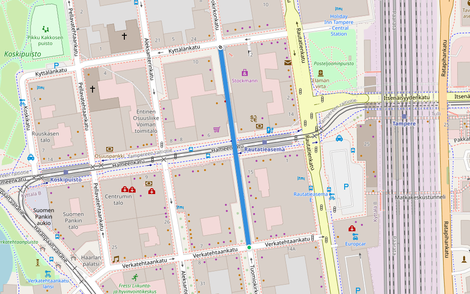 Tuomiokirkonkatu walking route map in Tampere