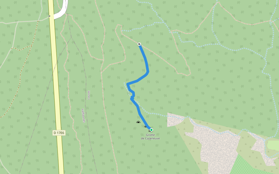 Chemin d'accès grottes de Beaugrand et Cazeneuve walking route map in Valflaunès