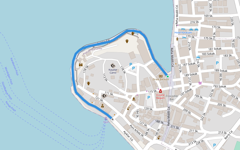 Aşıklar Cd. walking route map in Foça