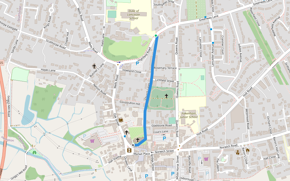 Church Lanes walking route map in Fakenham