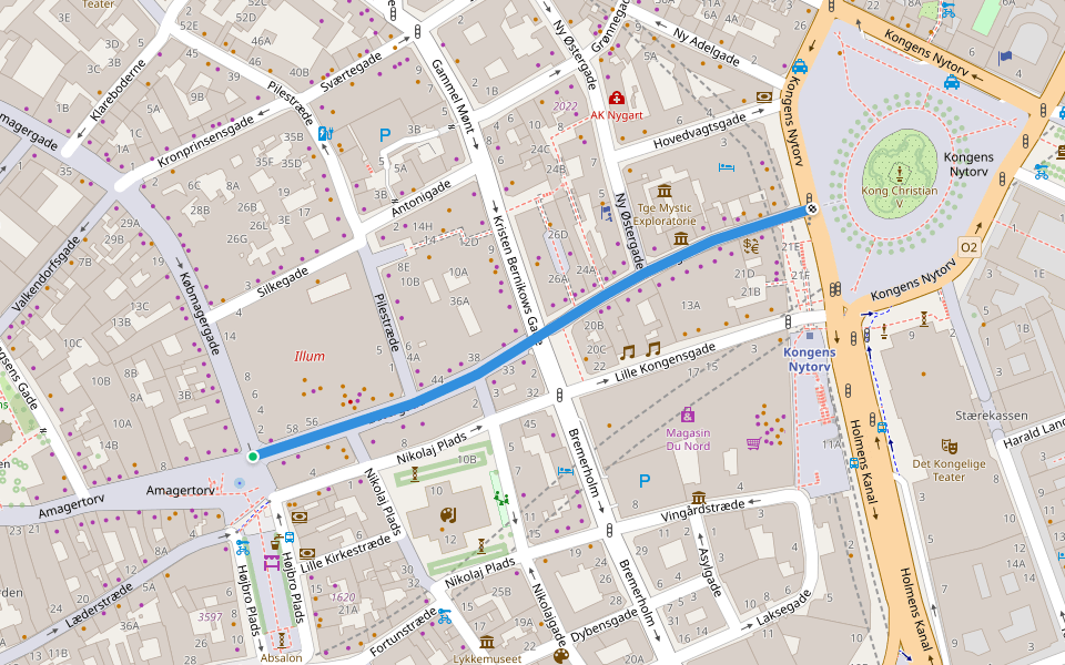 Østergade walking route map in København