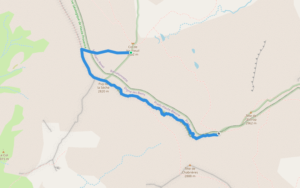Sentier a travers walking route map in Méolans-Revel