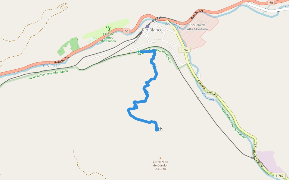Sendero Nido de Cóndores walking route map in Rio Blanco