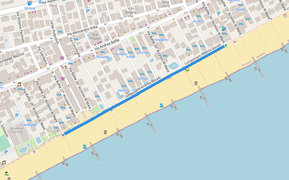 Lungomare Andrea Bocelli walking route map in Lido di Jesolo