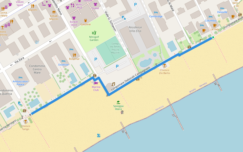 Lungomare Deborah Campagnoni walking route map in Lido di Jesolo