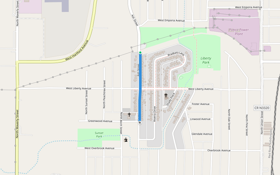 Ash Street walking route map in Ponca City