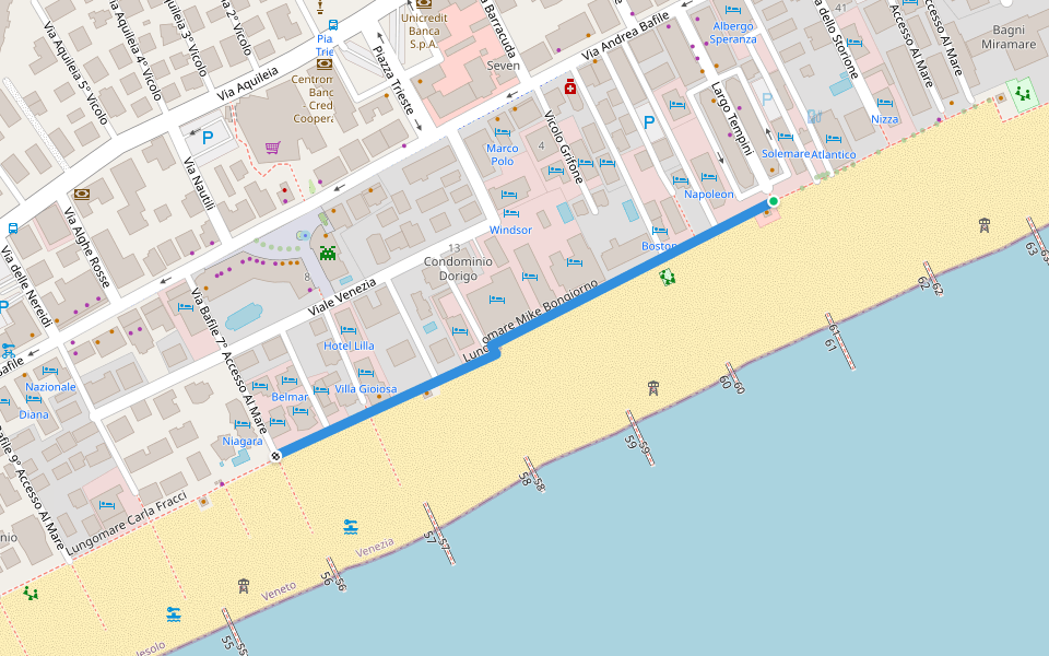 Lungomare Mike Bongiorno walking route map in Lido di Jesolo