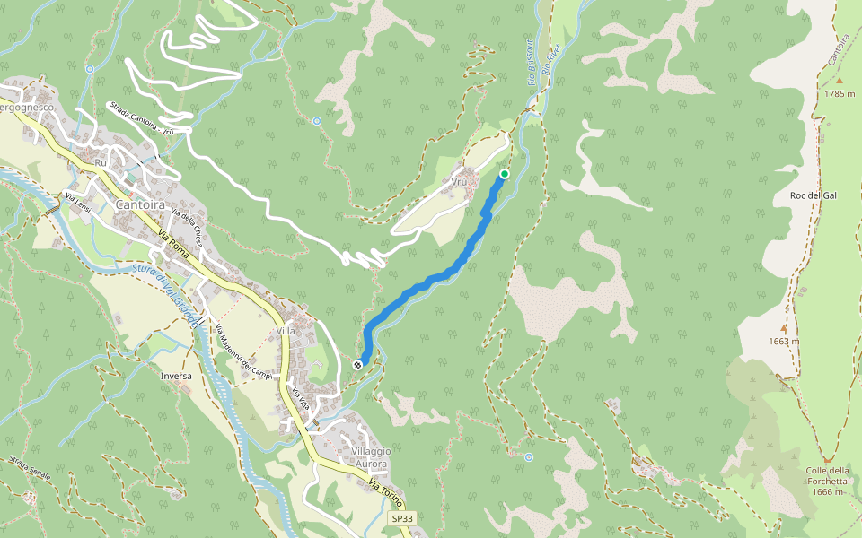 Vrù - Cantoira walking route map in Vrù