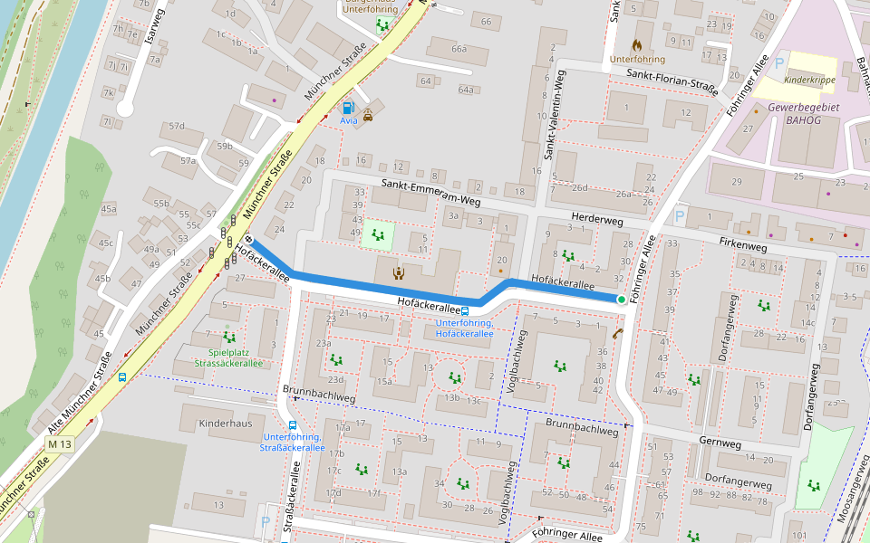 Hofäckerallee walking route map in Unterföhring