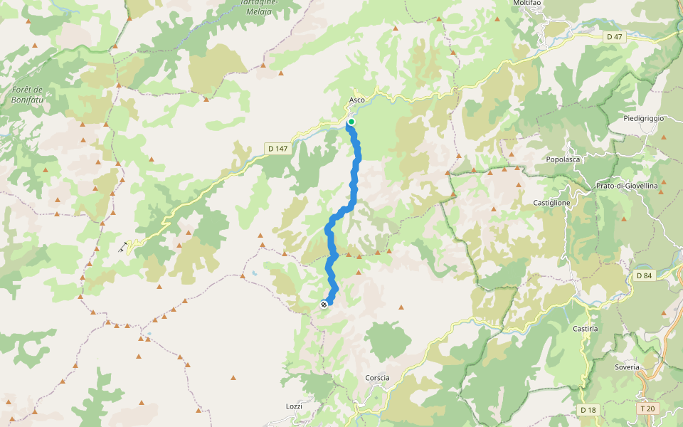 Asco-Corscia trail walking route map in Asco