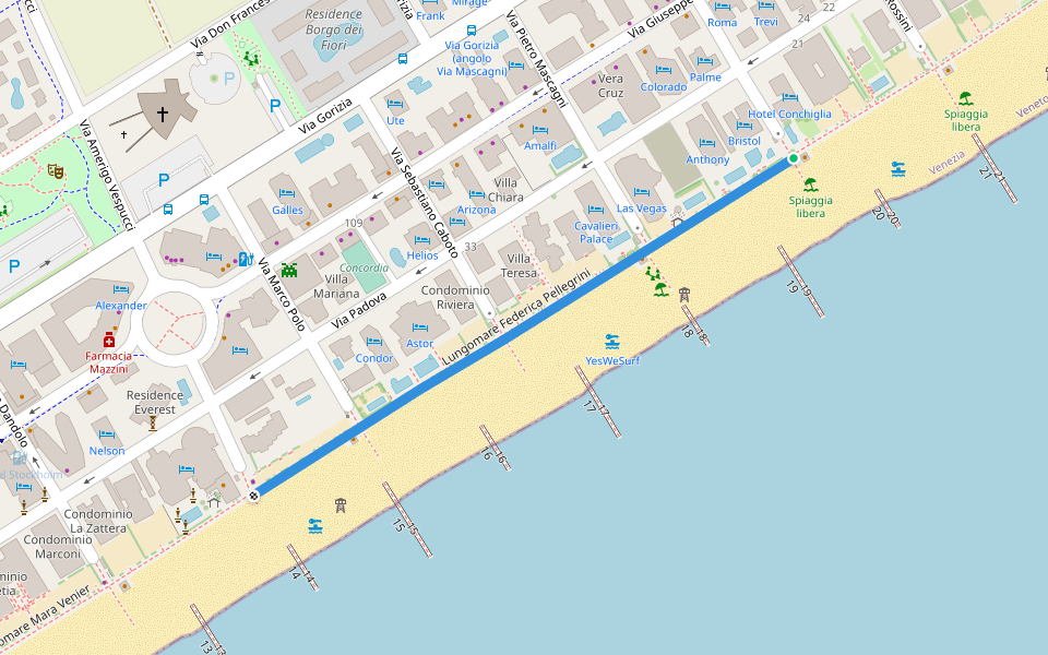 Lungomare Federica Pellegrini walking route map in Lido di Jesolo