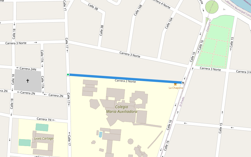 Carrera 2 Norte walking route map in Cartago