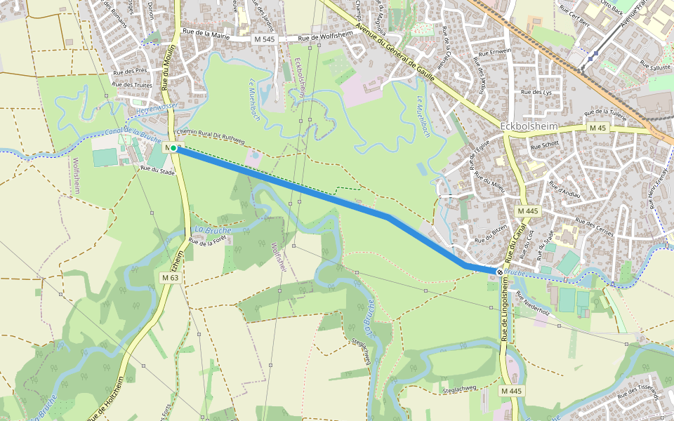 Piste du Canal de la Bruche walking route map in Wolfisheim